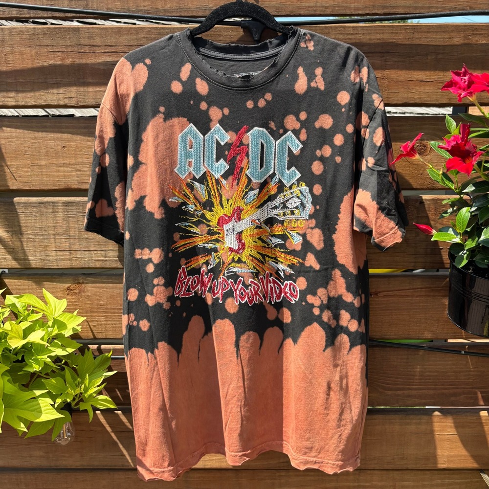 Affliction AC/DC Graphic T-Shirt Mens XL Orange Black Bleach Wash Distressed